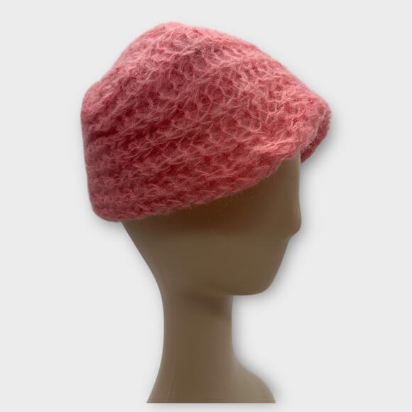 Vintage Italian Pink Crochet Wool Mohair Back Swept Hat Medium Womens - Picture 1 of 7